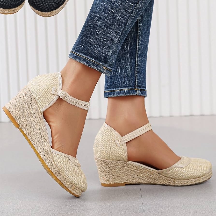 ALM. MARCH WEDGE SANDALS （Beige） Wavsuf Wedge Sandals for Women Solid Wide Vintage Casual